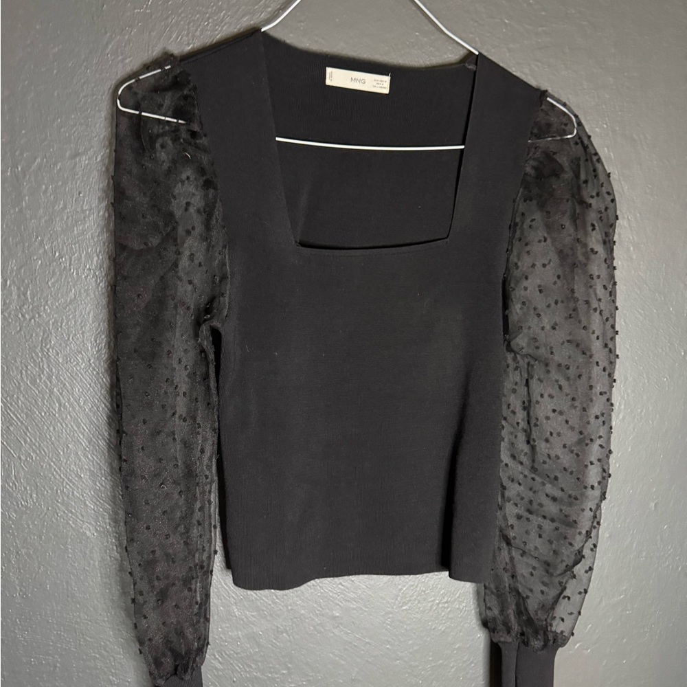 Mango Black Textured sheer polka dot embroidered Sleeve Blouse